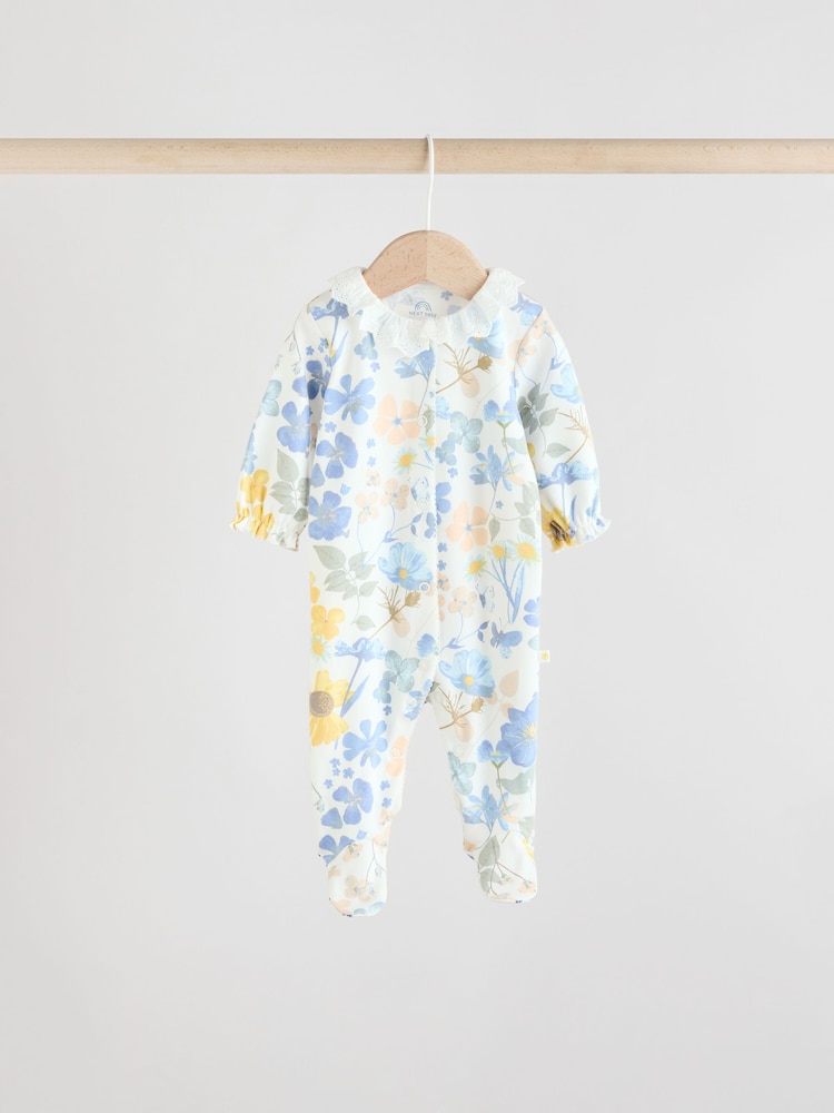 Blau - 100% Cotton Collar Floral Baby Sleepsuits 3 Pack (0-2yrs) - Bild 2 von 14