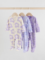 Lilac Purple Baby Two Way Zip Floral Print 100% Cotton Sleepsuits 3 Pack (0mths-2yrs) - Image 1 of 13