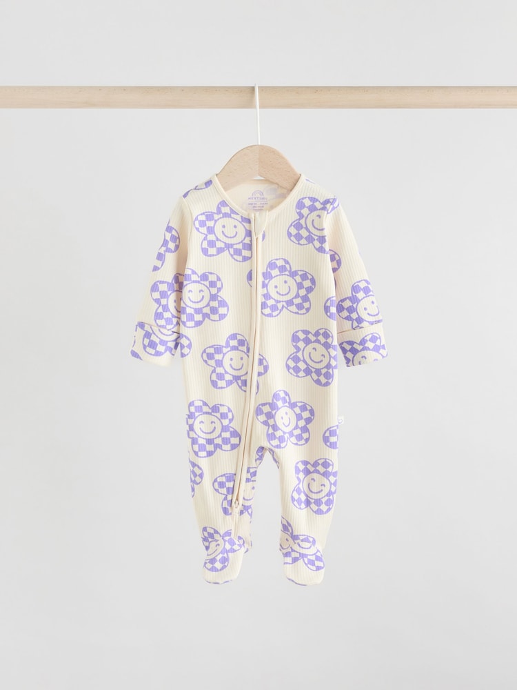 Lilac Purple Baby Two Way Zip Floral Print 100% Cotton Sleepsuits 3 Pack (0mths-2yrs) - Image 2 of 13