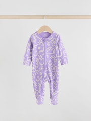 Lilac Purple Baby Two Way Zip Floral Print 100% Cotton Sleepsuits 3 Pack (0mths-2yrs) - Image 4 of 13