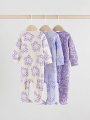 Lilac Purple Baby Two Way Zip Floral Print 100% Cotton Sleepsuits 3 Pack (0mths-2yrs) - Image 5 of 13
