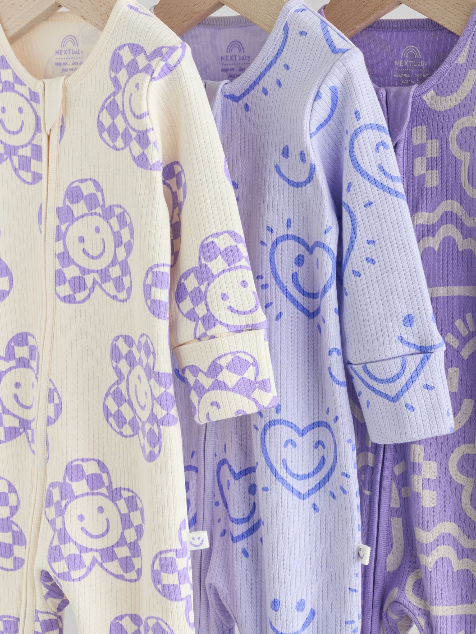 Buy Lilac Purple 3 Pack Two Way Zip Baby Sleepsuits (0mths-3yrs