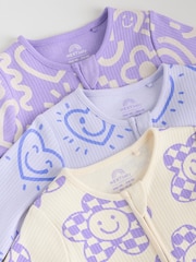 Lilac Purple Baby Two Way Zip Floral Print 100% Cotton Sleepsuits 3 Pack (0mths-2yrs) - Image 8 of 13