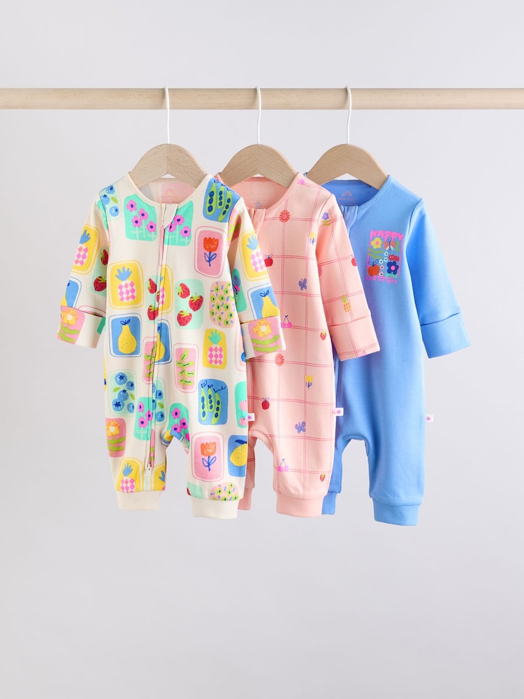 Multi 100% Cotton Two Way Zip Baby Footless Sleepsuits 3 Pack (0mths-3yrs) - Image 1 of 14