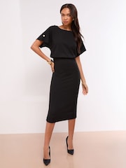 Lipsy Black Short Sleeve Blouson Midi Bodycon Dress - Image 1 of 4