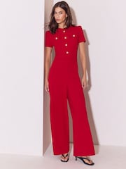 Lipsy Red Petite Military Buttoned Jumpsuit - Image 1 of 5
