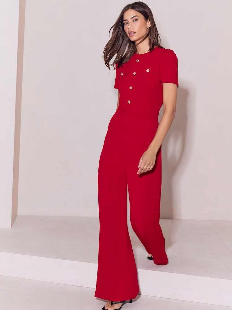 Lipsy Red Petite Military Buttoned Jumpsuit - Image 2 of 5 Lipsy Red Petite Military Buttoned Jumpsuit - Image 2 of 5
