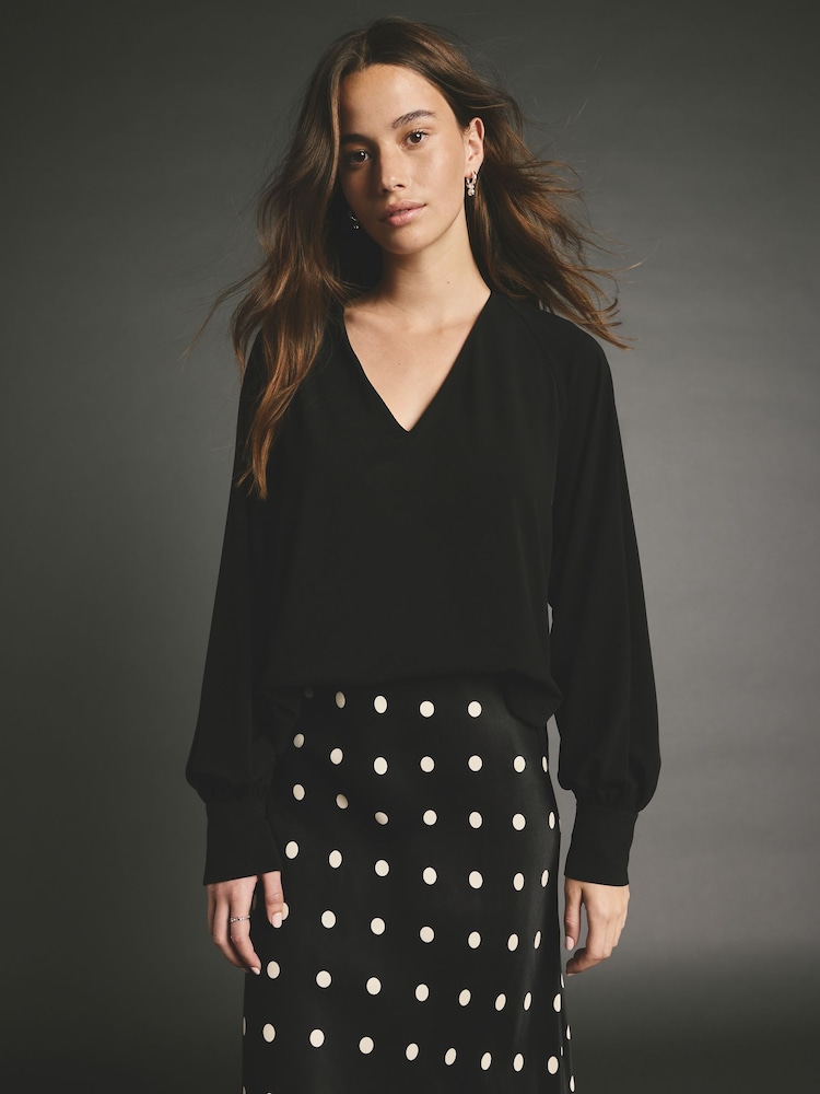 Black Long Sleeve V-Neck Jersey Blouse - Image 1 of 7