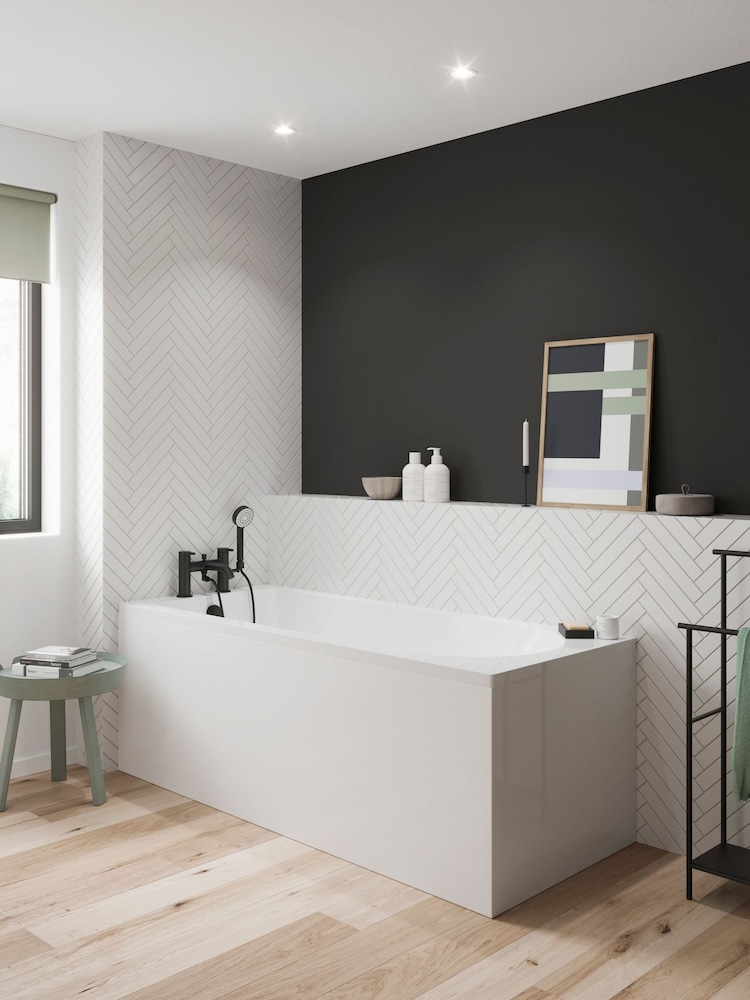 Britton Bathrooms White Matt Black Reuse Bath with Bath Shower Mixer 370 x 1500mm - Image 1 of 3