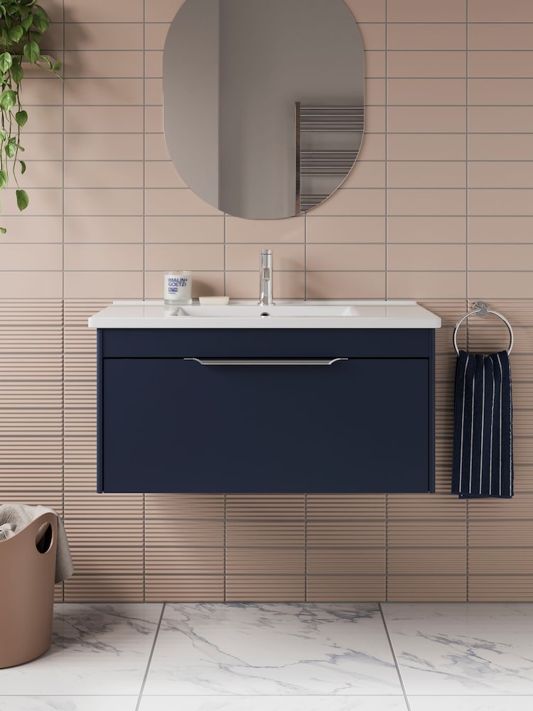 Britton Bathrooms Matt Blue Chrome Shoreditch Single Drawer Vanity Unit with Basin 820mm - Image 1 of 3