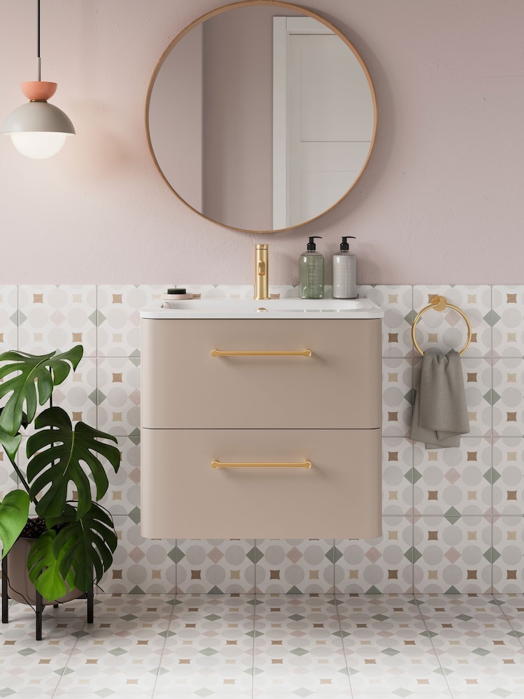 Britton Bathrooms Warm Beige Camberwell Vanity Unit with Brushed Brass Mixer Basin - Image 1 of 3