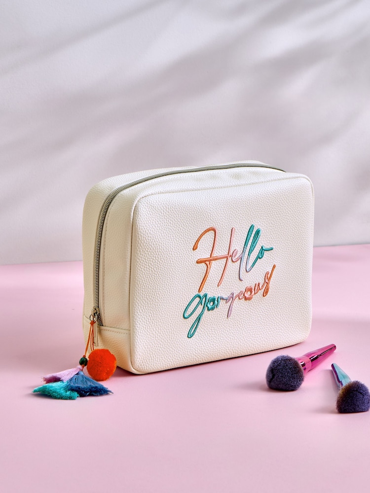 White Faux Leather Slogan Makeup Bag - Image 1 of 3