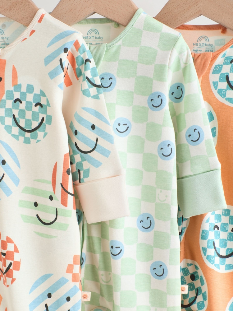 Orange 3 Pack Two Way Zip 100% Cotton Baby Sleepsuits (0mths-3yrs) - Image 7 of 12