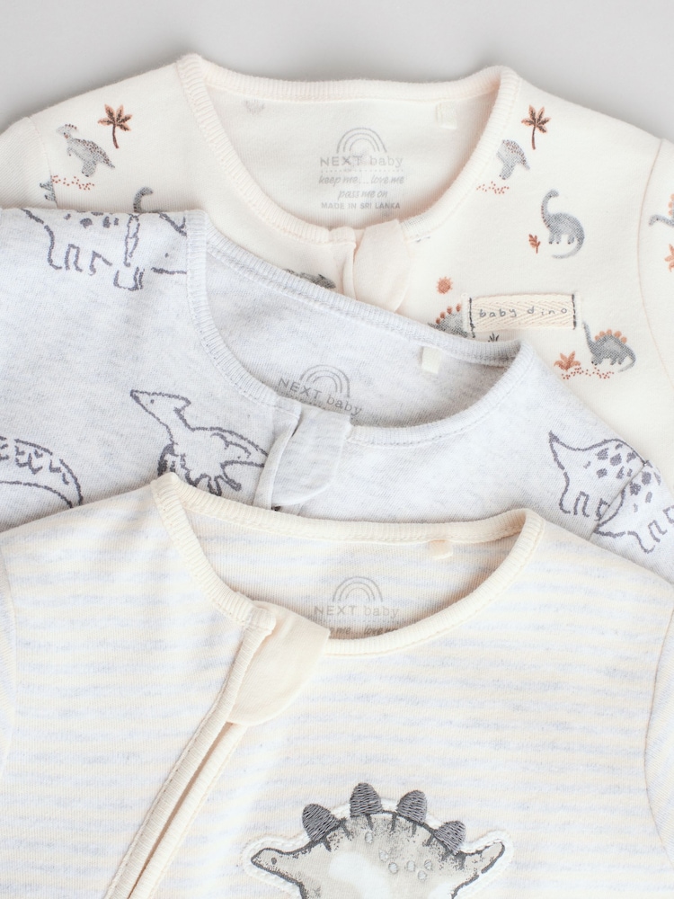 Grey 100% Cotton Two Way Zip Baby Sleepsuits 3 Pack (0-2yrs) - Image 5 of 10