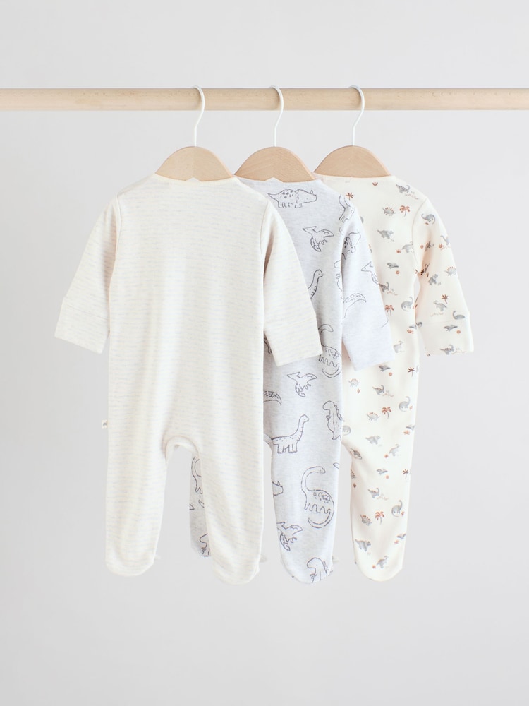 Grey 100% Cotton Two Way Zip Baby Sleepsuits 3 Pack (0-2yrs) - Image 6 of 10