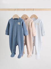 Blue 3 Pack Baby Slogan 100% Cotton Sleepsuits (0mths-2yrs) - Image 1 of 18