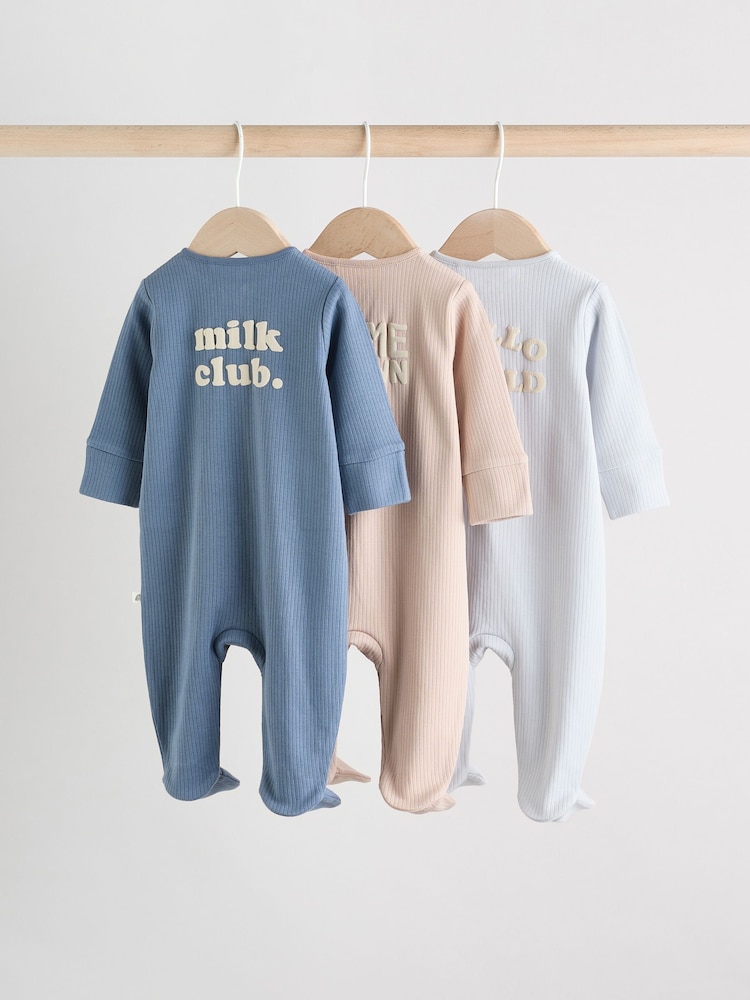 Blue 3 Pack Baby Slogan 100% Cotton Sleepsuits (0mths-2yrs) - Image 2 of 18