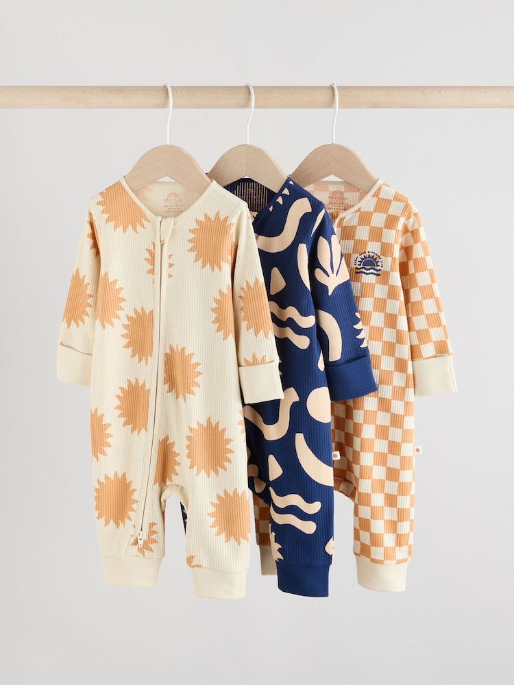 Navy/Camel Baby Two Way Zip Footless 100% Cotton Sleepsuits 3 Pack (0mths-3yrs) - Image 1 of 13