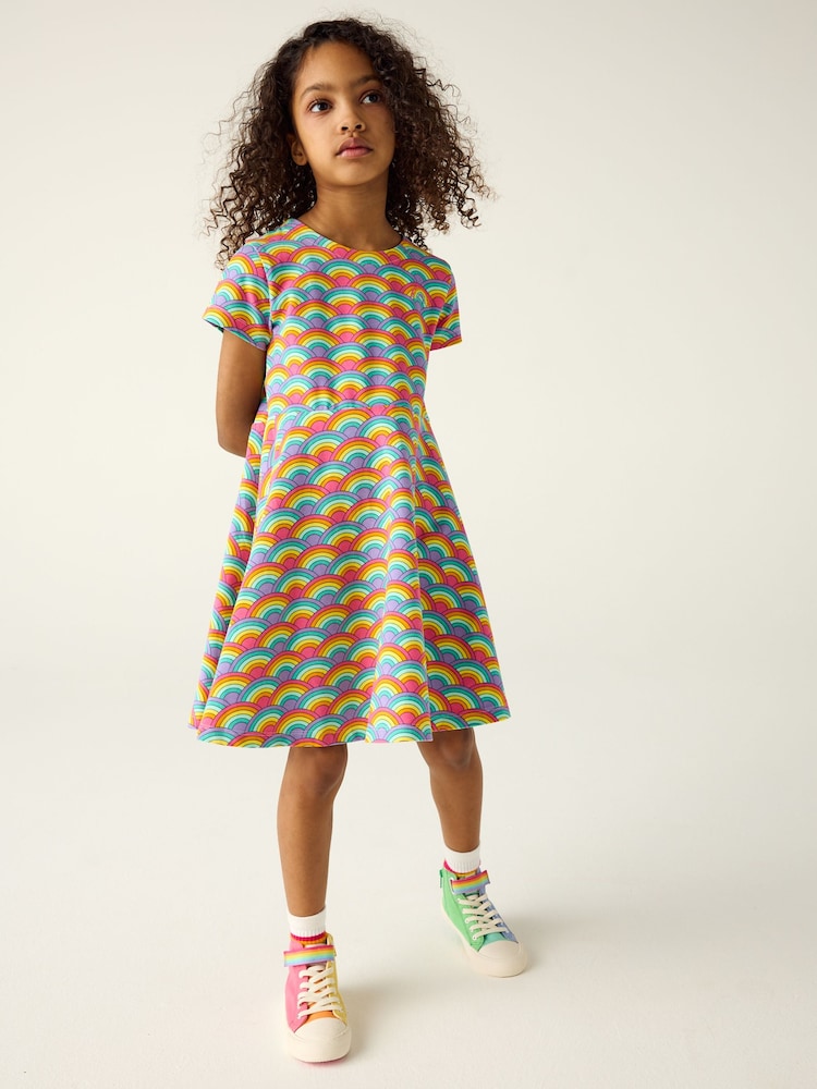 Rosa/morado - Vestido tipo skater de manga corta con diseño multicolor de Little Bird by Jools Oliver - Imagen 1 de 7
