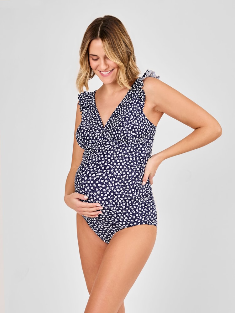 JoJo Maman Bébé Navy Maternity Ditsy Print Frill Sleeve V-Neck Swimsuit - Image 1 of 8