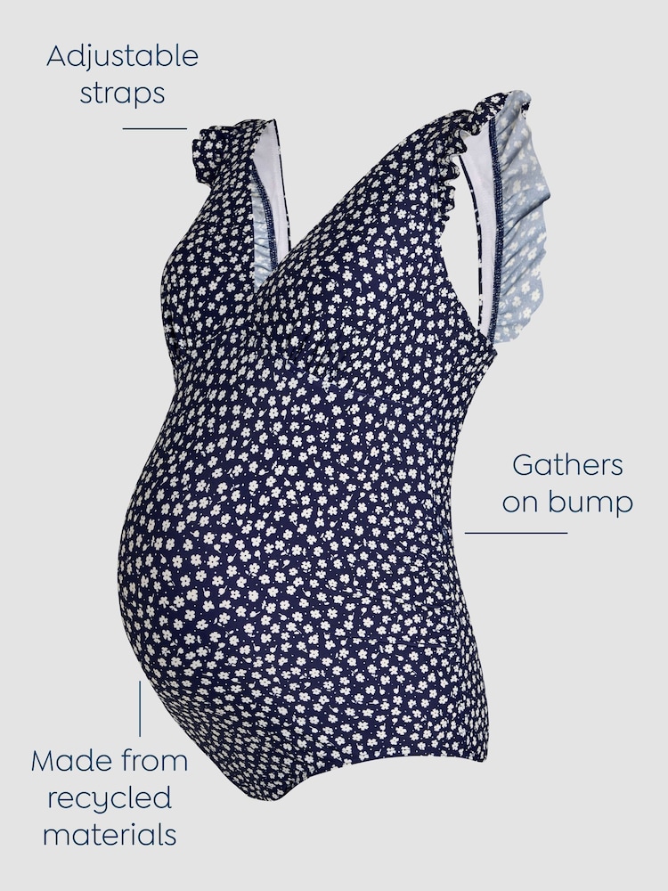 JoJo Maman Bébé Navy Maternity Ditsy Print Frill Sleeve V-Neck Swimsuit - Image 3 of 8
