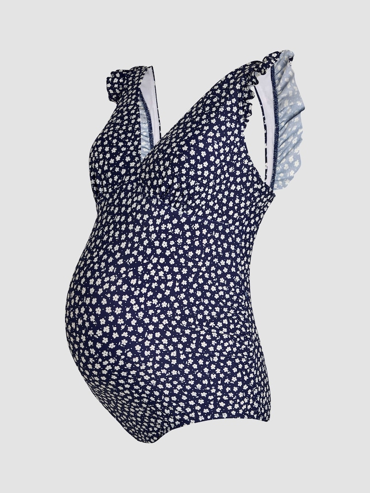 JoJo Maman Bébé Navy Maternity Ditsy Print Frill Sleeve V-Neck Swimsuit - Image 7 of 8