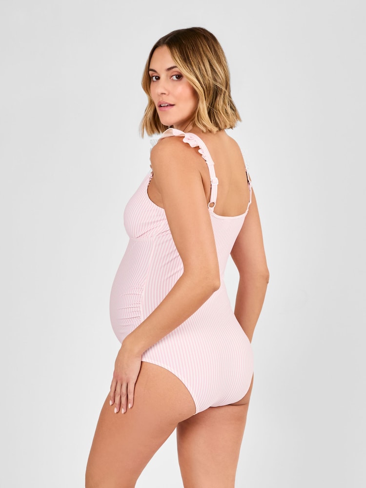 JoJo Maman Bébé Pink Maternity Stripe Frill Sleeve V-Neck Swimsuit - Image 2 of 8
