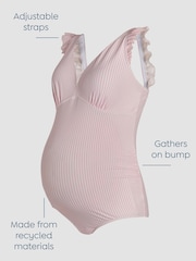 JoJo Maman Bébé Pink Maternity Stripe Frill Sleeve V-Neck Swimsuit - Image 3 of 8