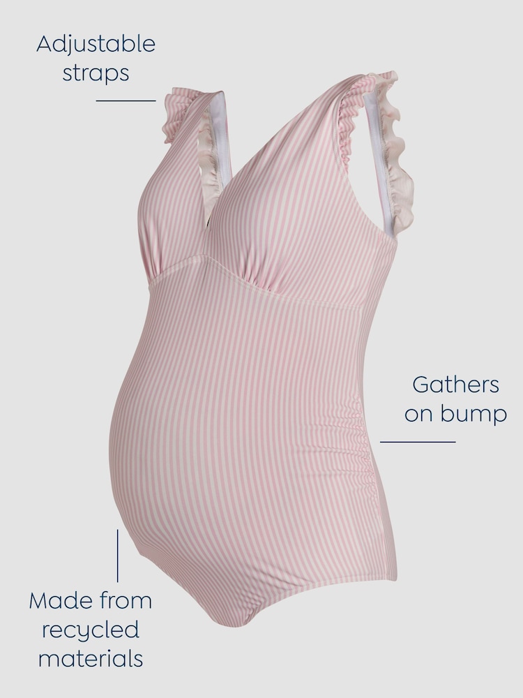 JoJo Maman Bébé Pink Maternity Stripe Frill Sleeve V-Neck Swimsuit - Image 3 of 8