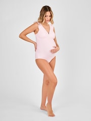 JoJo Maman Bébé Pink Maternity Stripe Frill Sleeve V-Neck Swimsuit - Image 6 of 8