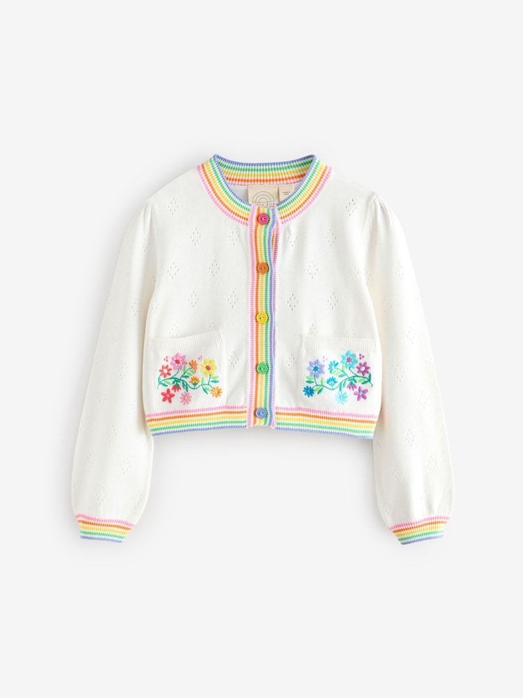Little Bird by Jools Oliver White Floral Embroidered Pointelle 100% Cotton Cardigan - Image 5 of 7