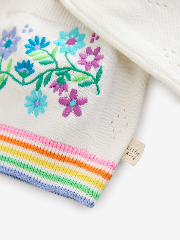 Little Bird by Jools Oliver White Floral Embroidered Pointelle 100% Cotton Cardigan - Image 7 of 7