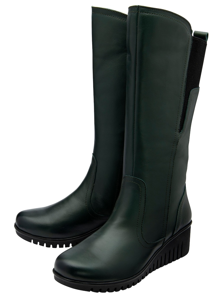 Lotus Green Leather Wedge Mid-Calf Boots - Image 2 of 4