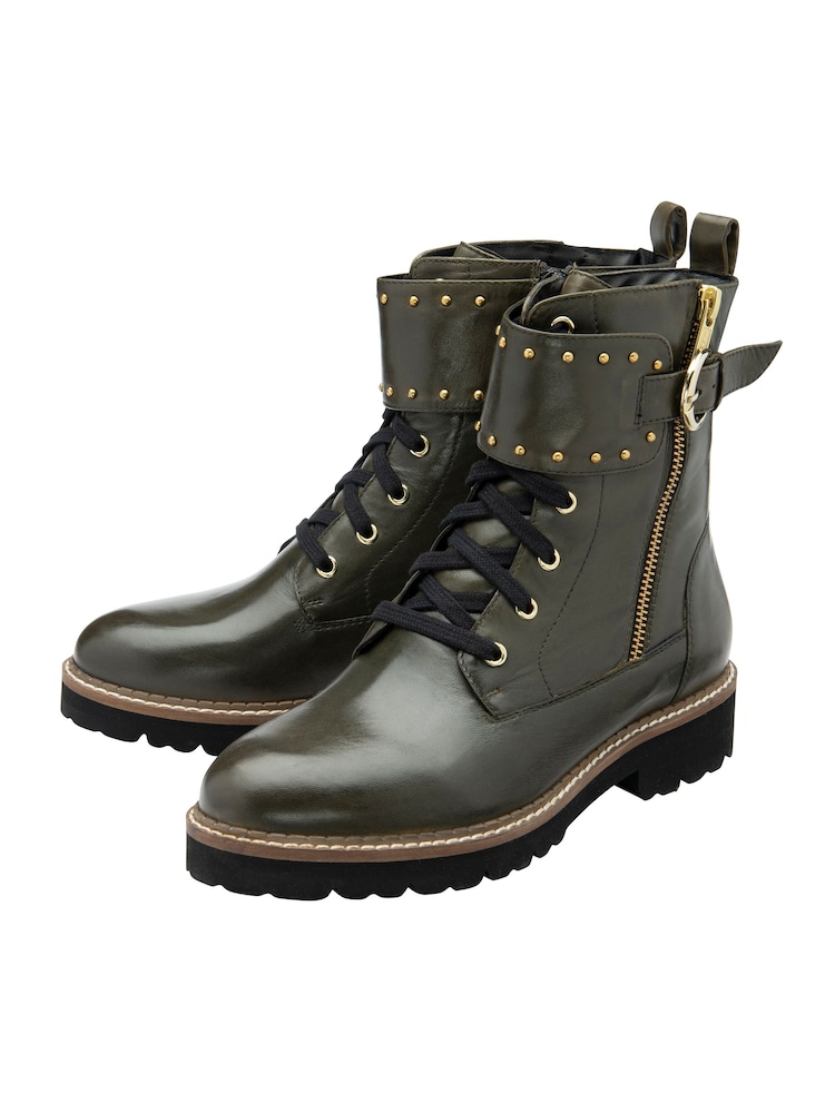 Lotus Green Leather Zip Up Ankle Boots - Image 2 of 4
