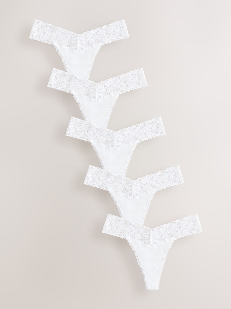 White Thong Floral Print Lace Knickers 5 Pack - Image 4 of 11