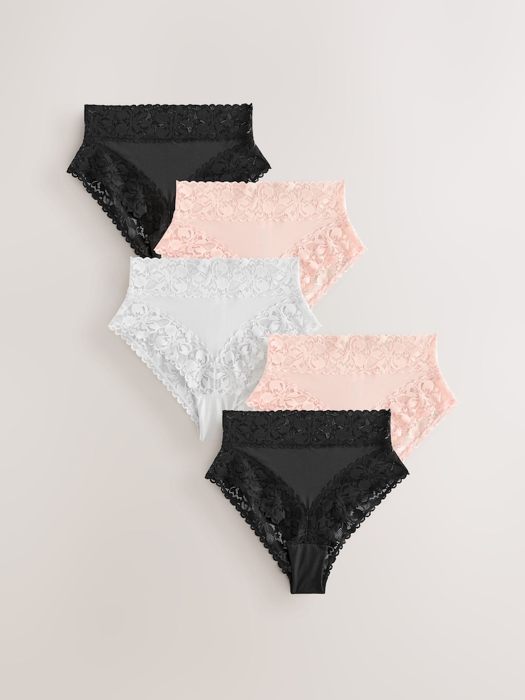 Schwarz/Weiß/Nude - Slip mit Blumendruck und Spitze, 5er-Pack - Bild 1 von 10 Schwarz/Weiß/Nude - Slip mit Blumendruck und Spitze, 5er-Pack - Bild 1 von 10