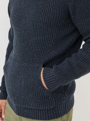 FatFace Navy Waffle Knitted Hoodie - Image 4 of 4