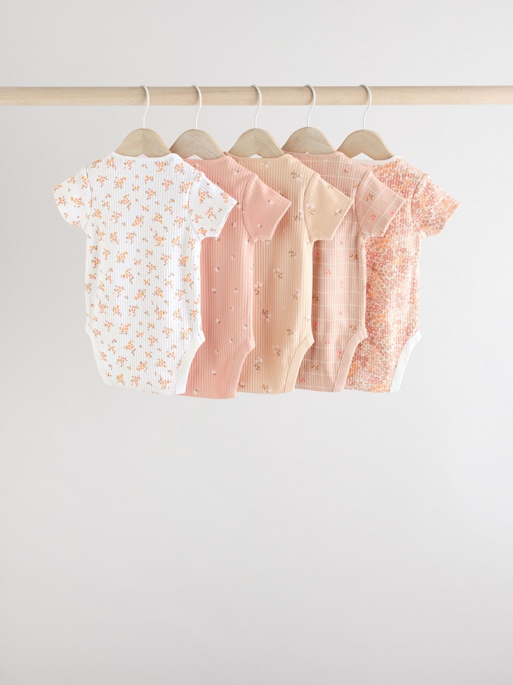 Apricot mit Streublümchen - Kurzarm-Baby-Bodys aus 100 % Baumwolle im 5er-Pack - Bild 1 von 13