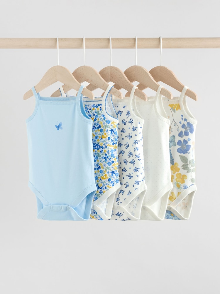 Blue Ditsy Baby Strappy Vest 100% Cotton Bodysuit 5 Pack - Image 1 of 13