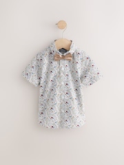 Blue Floral Short Sleeve Shirt With Bow Tie - Image 1 of 4