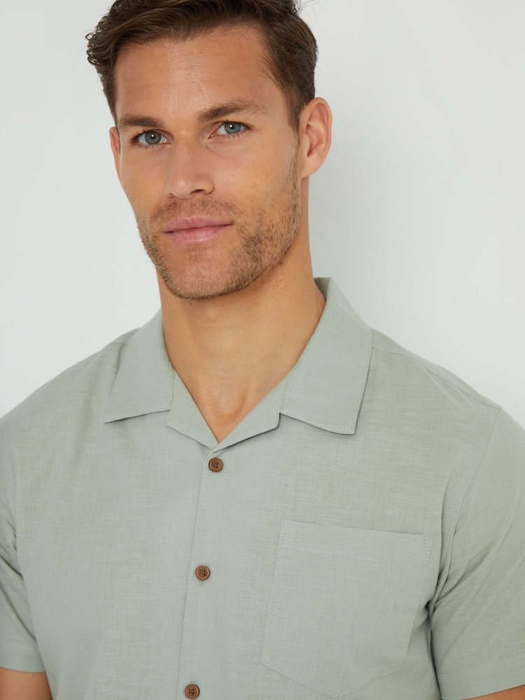 Threadbare Green Cotton Revere Collar Short Sleeve 100% Cotton Shirt - Image 4 of 4