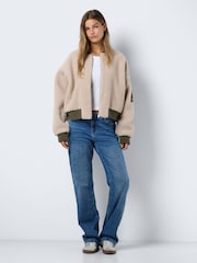 NOISY MAY Cream Faux Shearling Textured Bomber Jacket - Image 2 of 7