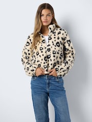 NOISY MAY Cream Leopard Print Zip Front Teddy Fleece Jacket - Image 1 of 6
