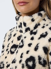 NOISY MAY Cream Leopard Print Zip Front Teddy Fleece Jacket - Image 3 of 6