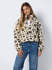 NOISY MAY Cream Leopard Print Zip Front Teddy Fleece Jacket - Image 4 of 6