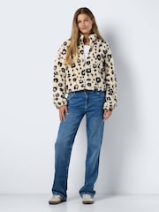 NOISY MAY Cream Leopard Print Zip Front Teddy Fleece Jacket - Image 5 of 6