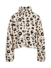NOISY MAY Cream Leopard Print Zip Front Teddy Fleece Jacket - Image 6 of 6