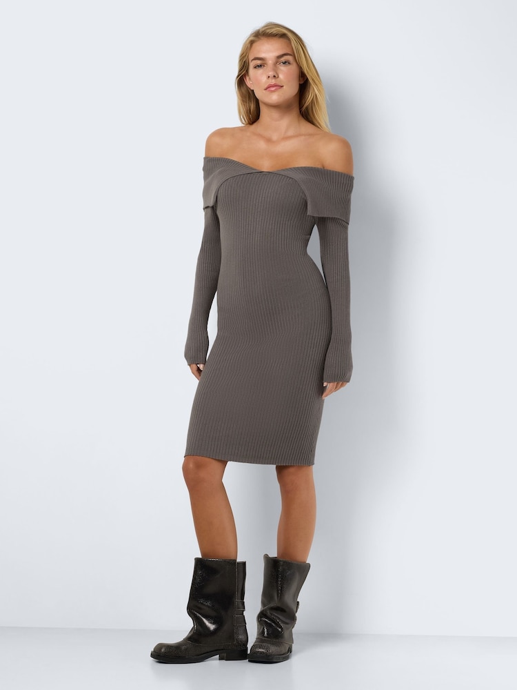 NOISY MAY Grey Long Sleeve Off Shoulder Knitted Jumper Dress - Image 1 of 6