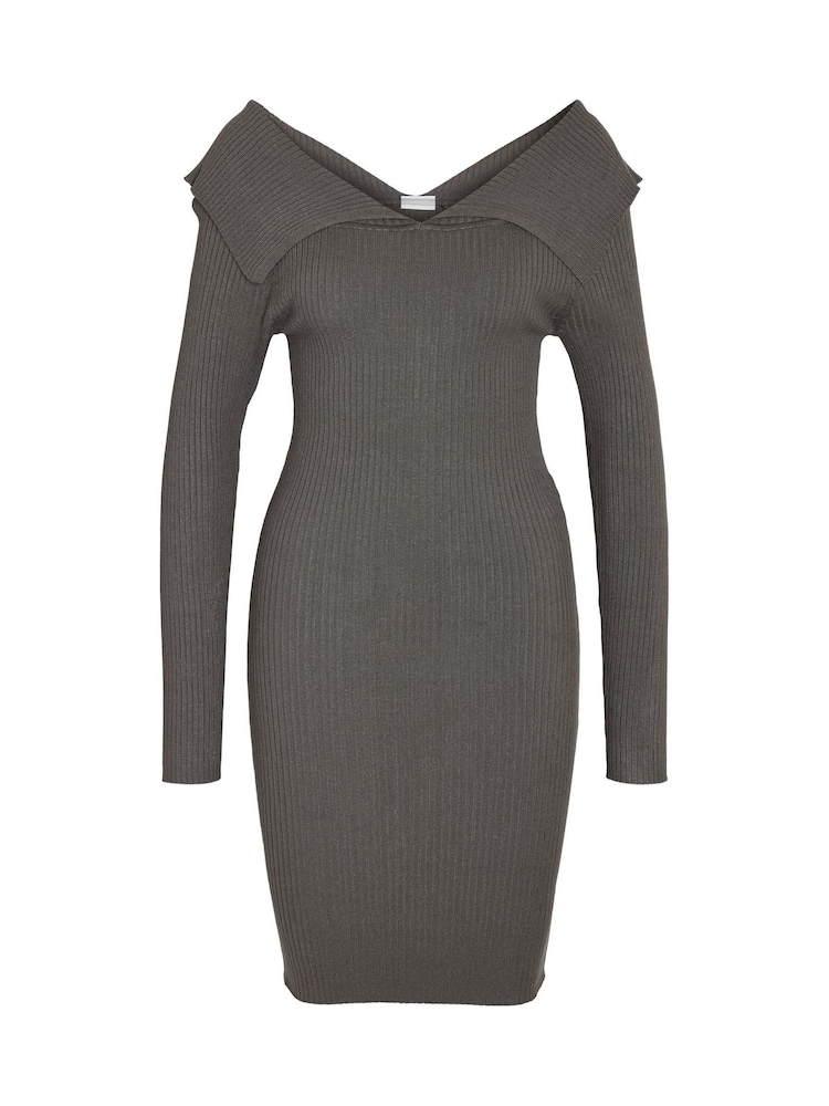NOISY MAY Grey Long Sleeve Off Shoulder Knitted Jumper Dress - Image 6 of 6