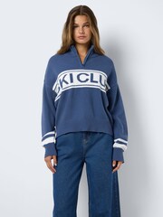 NOISY MAY Blue Long Sleeve High Neck Half Zip Ski Club Knitted Jumper - Image 1 of 5
